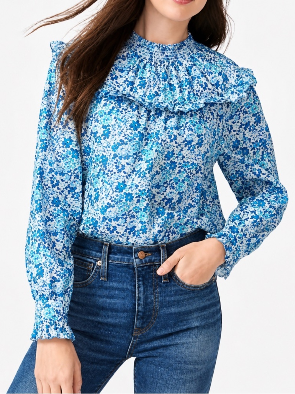 J Crew Liberty Elysian ruffle collar blue floral top, small